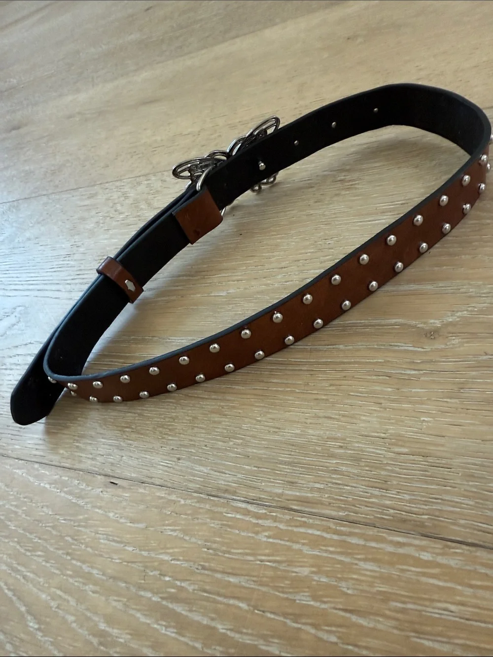 Girls Studded Brown Leather Belt with Silver Butterfly Buckle